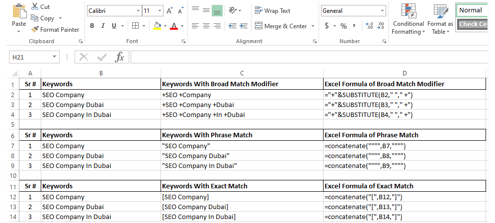 broad match modifier, exact and pharse match keywords excel formula 2